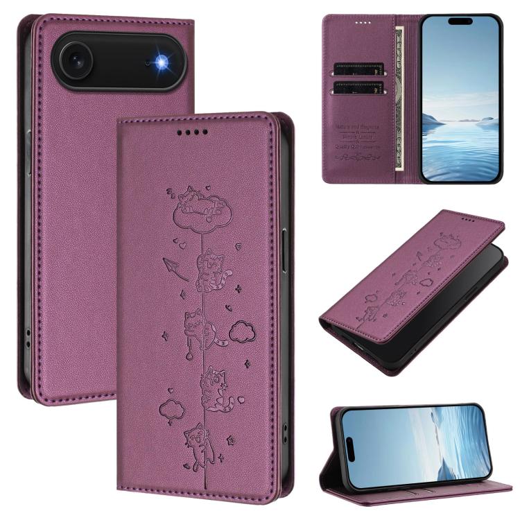 可愛貓咪壓紋磁吸 RFID 純素皮革手機殼，適用於 iPhone Air，適用於 iPhone 16 Pro Max，適用於 iPhone 16 Pro，適用於 iPhone 16 Plus