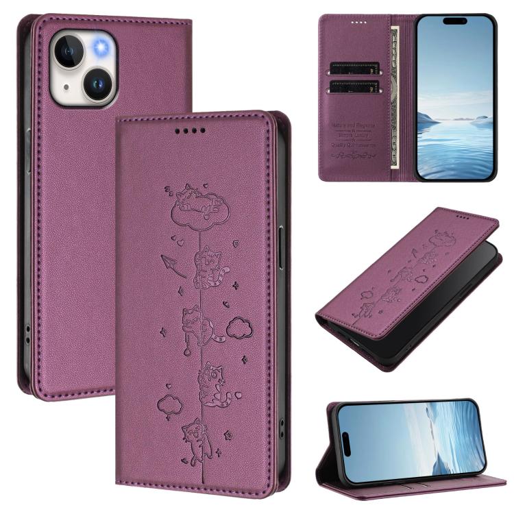 Cute Cats Embossed Magnetic RFID Vegan Leather Phone Case, For iPhone 15, For iPhone 14 Plus, For iPhone 14 / 13, For iPhone 14 Pro