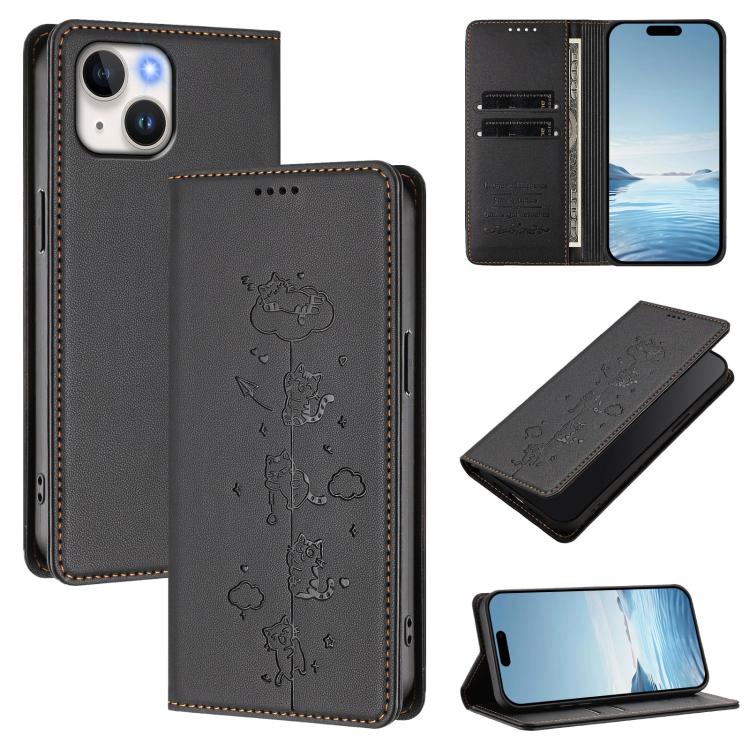 Cute Cats Embossed Magnetic RFID Vegan Leather Phone Case, For iPhone 15, For iPhone 14 Plus, For iPhone 14 / 13, For iPhone 14 Pro