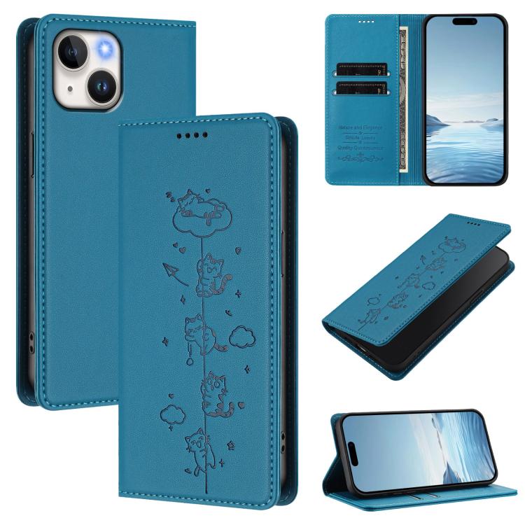 Cute Cats Embossed Magnetic RFID Vegan Leather Phone Case, For iPhone 15, For iPhone 14 Plus, For iPhone 14 / 13, For iPhone 14 Pro