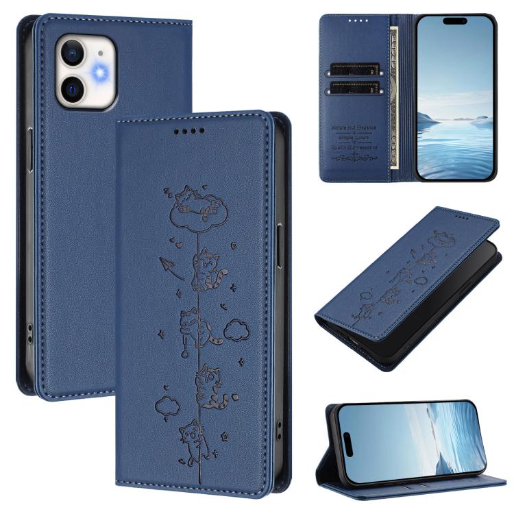 Cute Cats Embossed Magnetic RFID Vegan Leather Phone Case, For iPhone 12 / 12 Pro, For iPhone 11 Pro Max, For iPhone 11, For iPhone 11 Pro