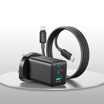 JOYROOM JR-TG10 65W GaN 雙 Type-C、USB 三埠充電器，附 Type-C to Type-C 線，歐規插頭，英規插頭
