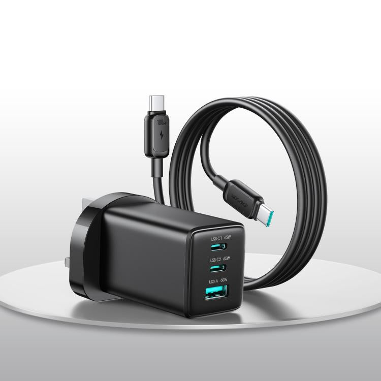 JOYROOM JR-TG10 65W GaN 雙 Type-C、USB 三埠充電器，附 Type-C to Type-C 線，歐規插頭，英規插頭