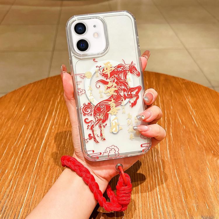 馬年壓克力磁吸全覆蓋手機殼附掛繩，適用於iPhone 13，iPhone 12，iPhone 12 Pro Max，iPhone 12 Pro