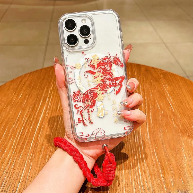 馬年壓克力磁吸全覆蓋手機殼附掛繩，適用於iPhone 13，iPhone 12，iPhone 12 Pro Max，iPhone 12 Pro
