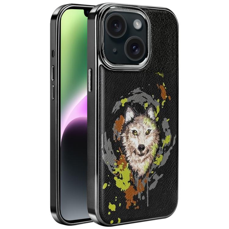 刺繡塗鴉素食皮革盾牌電鍍磁吸手機殼，適用於 iPhone 14 Plus、iPhone 14、iPhone 14 Pro、iPhone 14 Pro Max