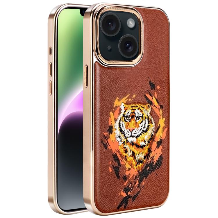 刺繡塗鴉素食皮革盾牌電鍍磁吸手機殼，適用於 iPhone 14 Plus、iPhone 14、iPhone 14 Pro、iPhone 14 Pro Max