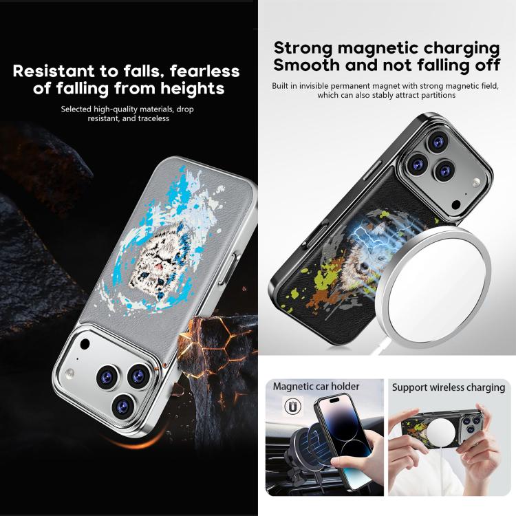 刺繡塗鴉素食皮革盾牌電鍍磁吸手機殼，適用於 iPhone 14 Plus、iPhone 14、iPhone 14 Pro、iPhone 14 Pro Max