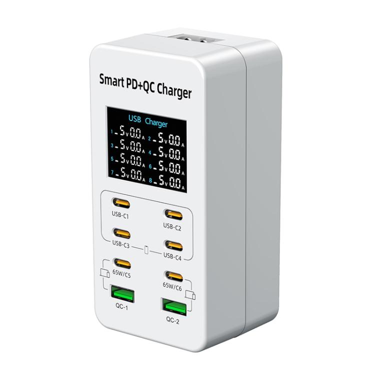 A8C 2 x USB-A 與 6 x USB-C / Type-C 埠 桌面數位顯示多埠充電器，美規插頭、歐規插頭、英規插頭、澳規插頭