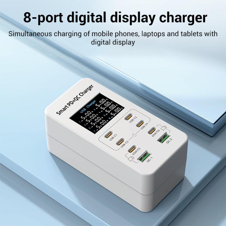 A8C 2 x USB-A 與 6 x USB-C / Type-C 埠 桌面數位顯示多埠充電器，美規插頭、歐規插頭、英規插頭、澳規插頭