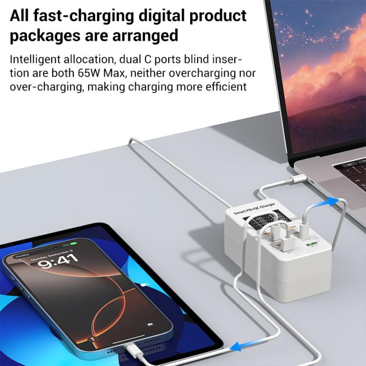 A8C 2 x USB-A 與 6 x USB-C / Type-C 埠 桌面數位顯示多埠充電器，美規插頭、歐規插頭、英規插頭、澳規插頭