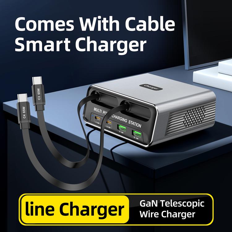 WXL-60C 6合1桌面多埠充電站，內建雙伸縮線，WXL-60C