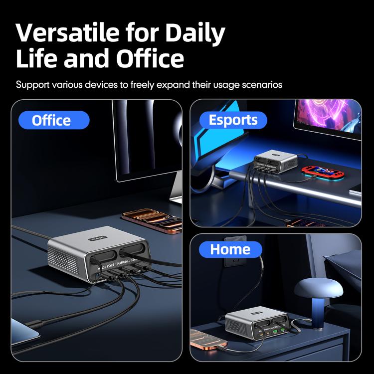 WXL-60C 6合1桌面多埠充電站，內建雙伸縮線，WXL-60C