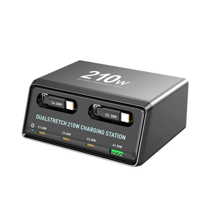 WXL-60E 210W 6合1桌面多埠充電站，內建雙伸縮線，WXL-60E