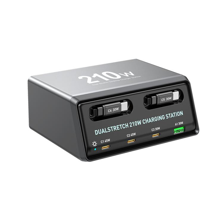 WXL-60E 210W 6合1桌面多埠充電站，內建雙伸縮線，WXL-60E