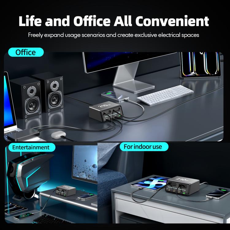WXL-60E 210W 6合1桌面多埠充電站，內建雙伸縮線，WXL-60E