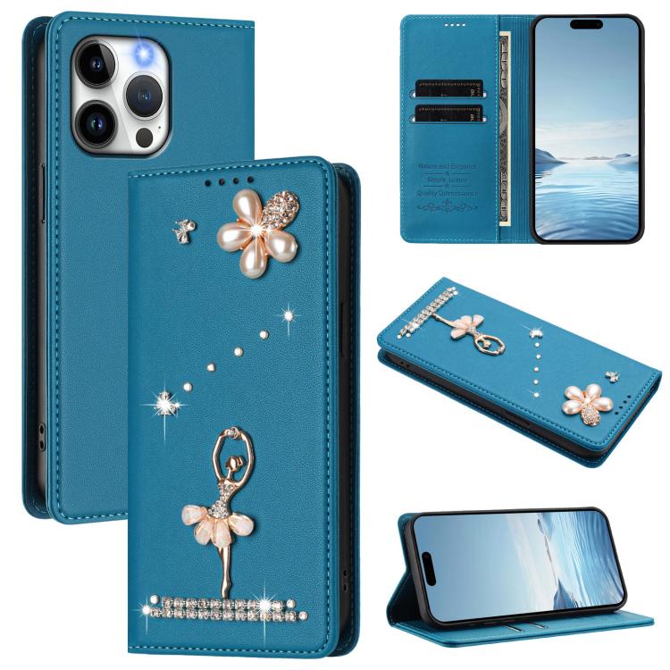 芭蕾女孩鑽石鑲嵌 RFID 素食皮革手機殼，適用於 iPhone 16 Pro、iPhone 16 Plus、iPhone 16、iPhone 15 Pro Max、iPhone 15 Pro、iPhone 15 Plus