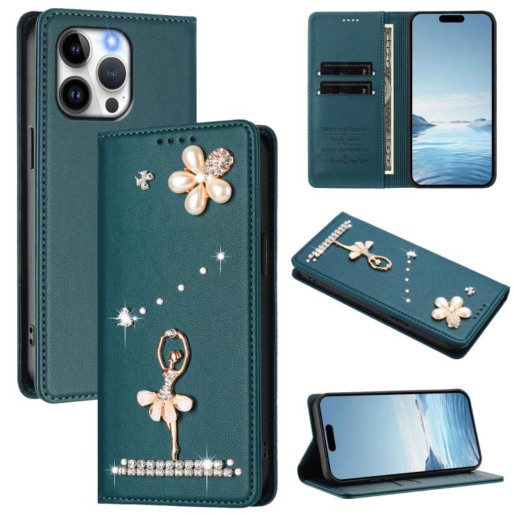 芭蕾女孩鑽石鑲嵌 RFID 素食皮革手機殼，適用於 iPhone 16 Pro、iPhone 16 Plus、iPhone 16、iPhone 15 Pro Max、iPhone 15 Pro、iPhone 15 Plus