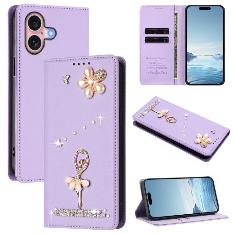 芭蕾女孩鑽石鑲嵌 RFID 素食皮革手機殼，適用於 iPhone 16 Pro、iPhone 16 Plus、iPhone 16、iPhone 15 Pro Max、iPhone 15 Pro、iPhone 15 Plus