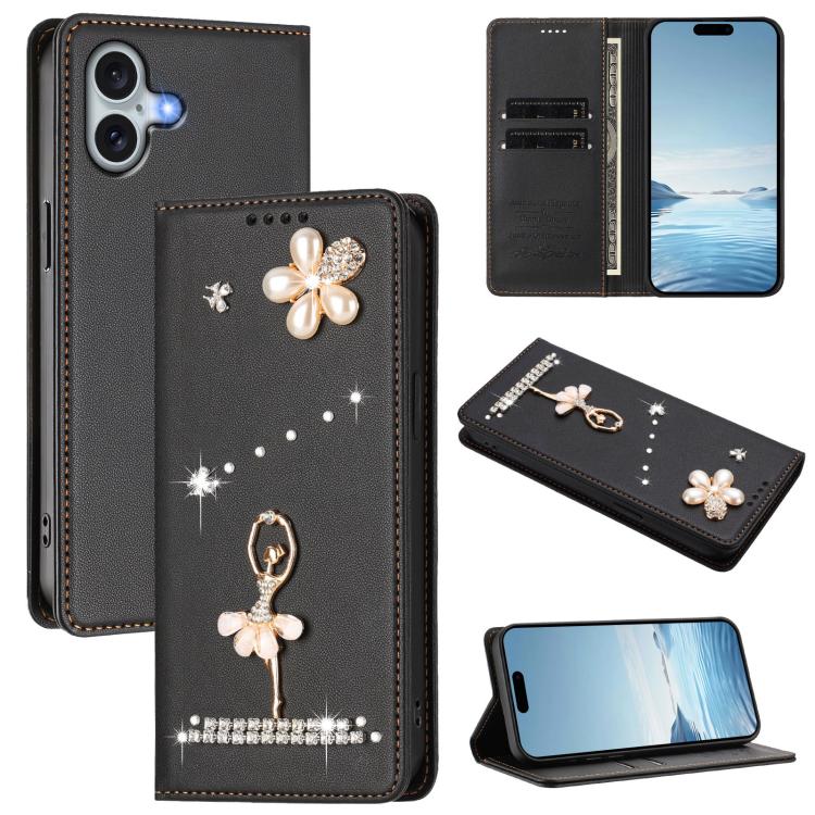 芭蕾女孩鑽石鑲嵌 RFID 素食皮革手機殼，適用於 iPhone 16 Pro、iPhone 16 Plus、iPhone 16、iPhone 15 Pro Max、iPhone 15 Pro、iPhone 15 Plus