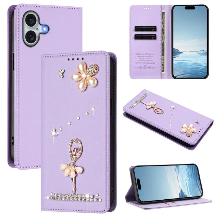 芭蕾女孩鑽石鑲嵌 RFID 素食皮革手機殼，適用於 iPhone 16 Pro、iPhone 16 Plus、iPhone 16、iPhone 15 Pro Max、iPhone 15 Pro、iPhone 15 Plus