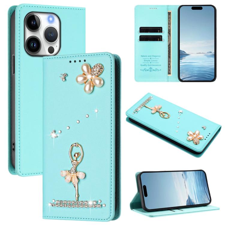 芭蕾女孩鑽石鑲嵌 RFID 素食皮革手機殼，適用於 iPhone 16 Pro、iPhone 16 Plus、iPhone 16、iPhone 15 Pro Max、iPhone 15 Pro、iPhone 15 Plus