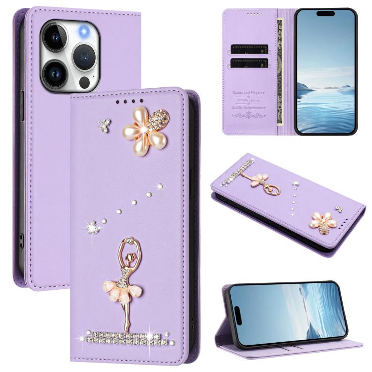 芭蕾女孩鑽石鑲嵌 RFID 素食皮革手機殼，適用於 iPhone 16 Pro、iPhone 16 Plus、iPhone 16、iPhone 15 Pro Max、iPhone 15 Pro、iPhone 15 Plus