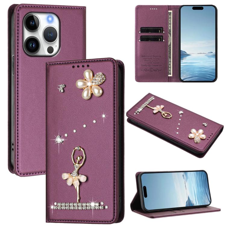 芭蕾女孩鑽石鑲嵌 RFID 素食皮革手機殼，適用於 iPhone 16 Pro、iPhone 16 Plus、iPhone 16、iPhone 15 Pro Max、iPhone 15 Pro、iPhone 15 Plus