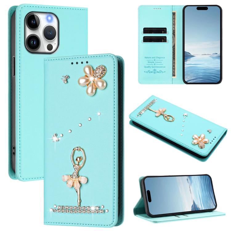 芭蕾女孩鑽石鑲嵌 RFID 素食皮革手機殼，適用於 iPhone 17e / 16e、iPhone 17 Pro Max、iPhone 17 Pro、iPhone 17、iPhone Air、iPhone 16 Pro Max