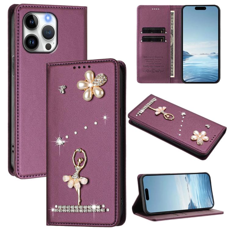 芭蕾女孩鑽石鑲嵌 RFID 素食皮革手機殼，適用於 iPhone 17e / 16e、iPhone 17 Pro Max、iPhone 17 Pro、iPhone 17、iPhone Air、iPhone 16 Pro Max