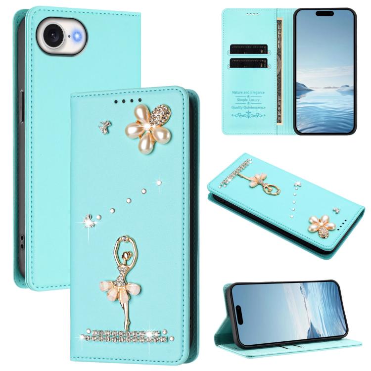 芭蕾女孩鑽石鑲嵌 RFID 素食皮革手機殼，適用於 iPhone 17e / 16e、iPhone 17 Pro Max、iPhone 17 Pro、iPhone 17、iPhone Air、iPhone 16 Pro Max