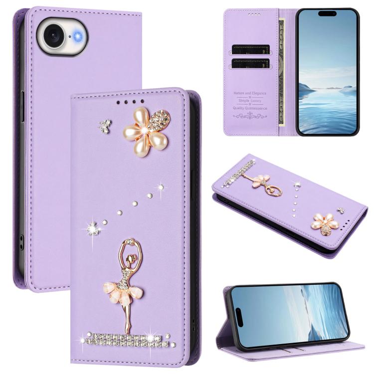 芭蕾女孩鑽石鑲嵌 RFID 素食皮革手機殼，適用於 iPhone 17e / 16e、iPhone 17 Pro Max、iPhone 17 Pro、iPhone 17、iPhone Air、iPhone 16 Pro Max