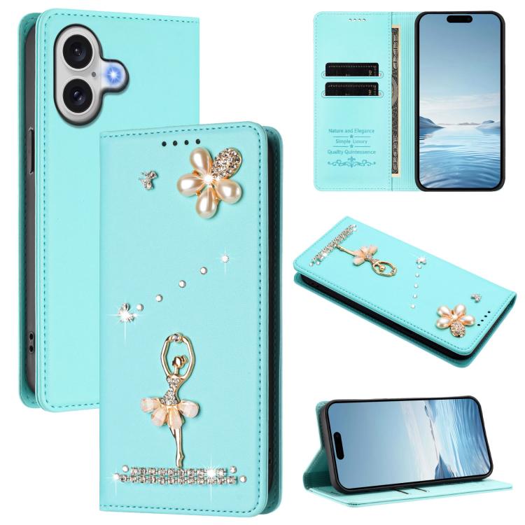 芭蕾女孩鑽石鑲嵌 RFID 素食皮革手機殼，適用於 iPhone 17e / 16e、iPhone 17 Pro Max、iPhone 17 Pro、iPhone 17、iPhone Air、iPhone 16 Pro Max