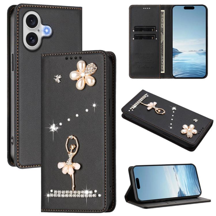 芭蕾女孩鑽石鑲嵌 RFID 素食皮革手機殼，適用於 iPhone 17e / 16e、iPhone 17 Pro Max、iPhone 17 Pro、iPhone 17、iPhone Air、iPhone 16 Pro Max
