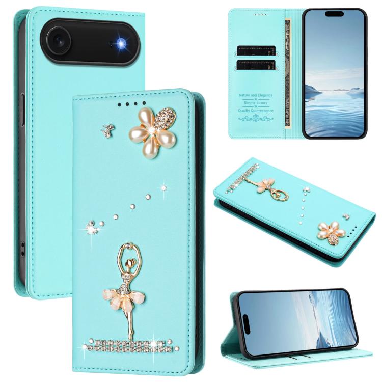 芭蕾女孩鑽石鑲嵌 RFID 素食皮革手機殼，適用於 iPhone 17e / 16e、iPhone 17 Pro Max、iPhone 17 Pro、iPhone 17、iPhone Air、iPhone 16 Pro Max