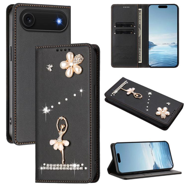 芭蕾女孩鑽石鑲嵌 RFID 素食皮革手機殼，適用於 iPhone 17e / 16e、iPhone 17 Pro Max、iPhone 17 Pro、iPhone 17、iPhone Air、iPhone 16 Pro Max