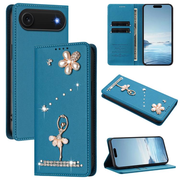 芭蕾女孩鑽石鑲嵌 RFID 素食皮革手機殼，適用於 iPhone 17e / 16e、iPhone 17 Pro Max、iPhone 17 Pro、iPhone 17、iPhone Air、iPhone 16 Pro Max