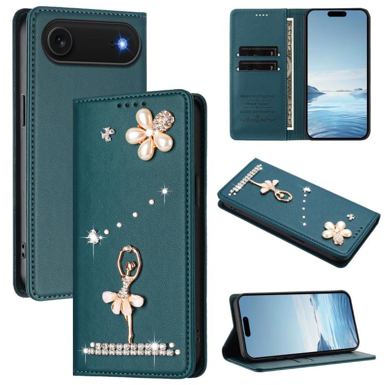 芭蕾女孩鑽石鑲嵌 RFID 素食皮革手機殼，適用於 iPhone 17e / 16e、iPhone 17 Pro Max、iPhone 17 Pro、iPhone 17、iPhone Air、iPhone 16 Pro Max