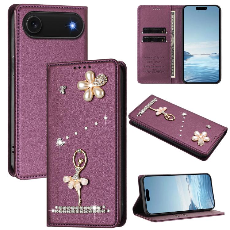 芭蕾女孩鑽石鑲嵌 RFID 素食皮革手機殼，適用於 iPhone 17e / 16e、iPhone 17 Pro Max、iPhone 17 Pro、iPhone 17、iPhone Air、iPhone 16 Pro Max