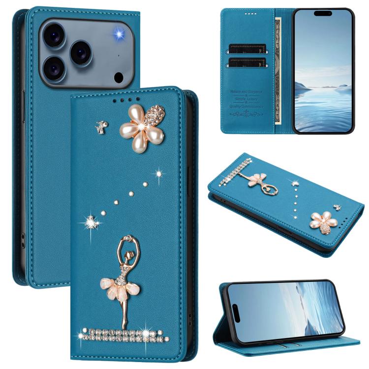 芭蕾女孩鑽石鑲嵌 RFID 素食皮革手機殼，適用於 iPhone 17e / 16e、iPhone 17 Pro Max、iPhone 17 Pro、iPhone 17、iPhone Air、iPhone 16 Pro Max