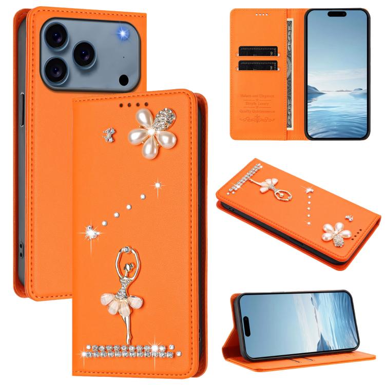 芭蕾女孩鑽石鑲嵌 RFID 素食皮革手機殼，適用於 iPhone 17e / 16e、iPhone 17 Pro Max、iPhone 17 Pro、iPhone 17、iPhone Air、iPhone 16 Pro Max
