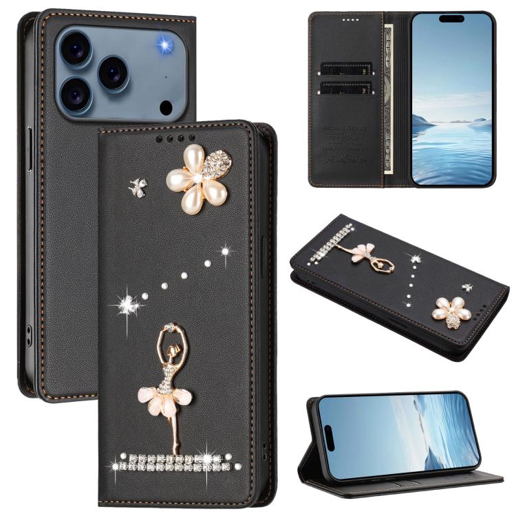 芭蕾女孩鑽石鑲嵌 RFID 素食皮革手機殼，適用於 iPhone 17e / 16e、iPhone 17 Pro Max、iPhone 17 Pro、iPhone 17、iPhone Air、iPhone 16 Pro Max