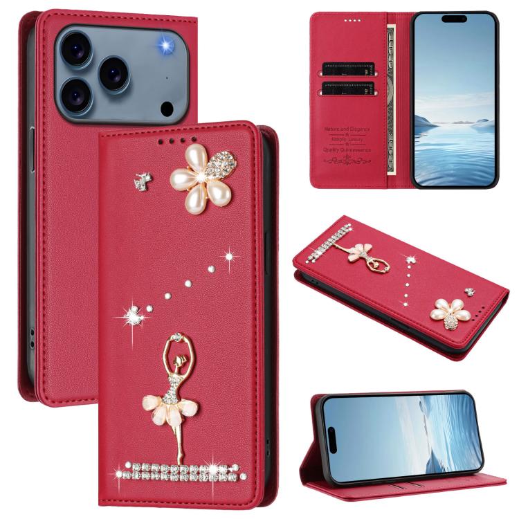 芭蕾女孩鑽石鑲嵌 RFID 素食皮革手機殼，適用於 iPhone 17e / 16e、iPhone 17 Pro Max、iPhone 17 Pro、iPhone 17、iPhone Air、iPhone 16 Pro Max