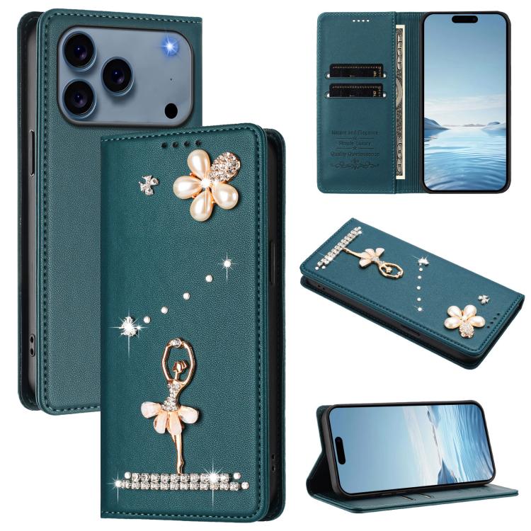 芭蕾女孩鑽石鑲嵌 RFID 素食皮革手機殼，適用於 iPhone 17e / 16e、iPhone 17 Pro Max、iPhone 17 Pro、iPhone 17、iPhone Air、iPhone 16 Pro Max