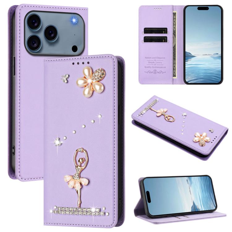 芭蕾女孩鑽石鑲嵌 RFID 素食皮革手機殼，適用於 iPhone 17e / 16e、iPhone 17 Pro Max、iPhone 17 Pro、iPhone 17、iPhone Air、iPhone 16 Pro Max