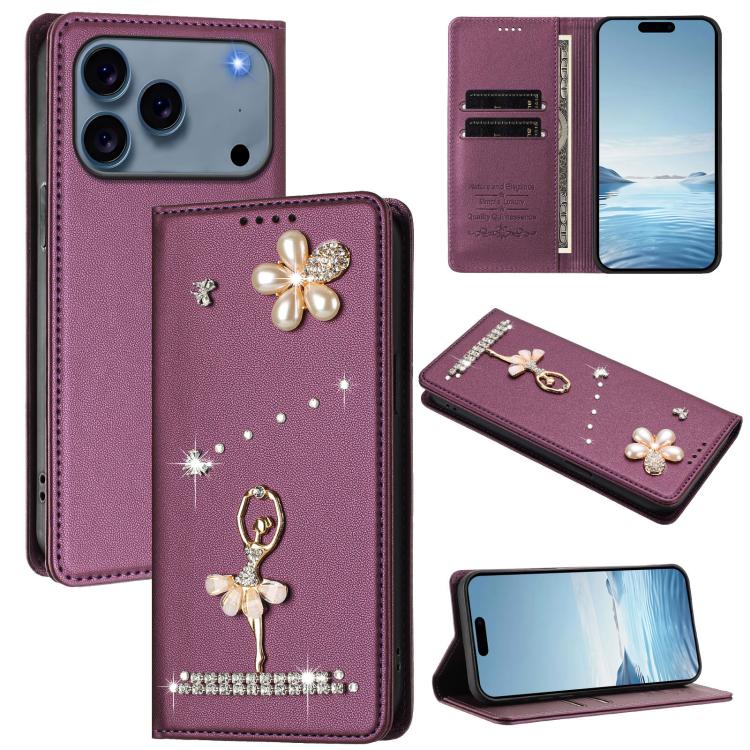 芭蕾女孩鑽石鑲嵌 RFID 素食皮革手機殼，適用於 iPhone 17e / 16e、iPhone 17 Pro Max、iPhone 17 Pro、iPhone 17、iPhone Air、iPhone 16 Pro Max
