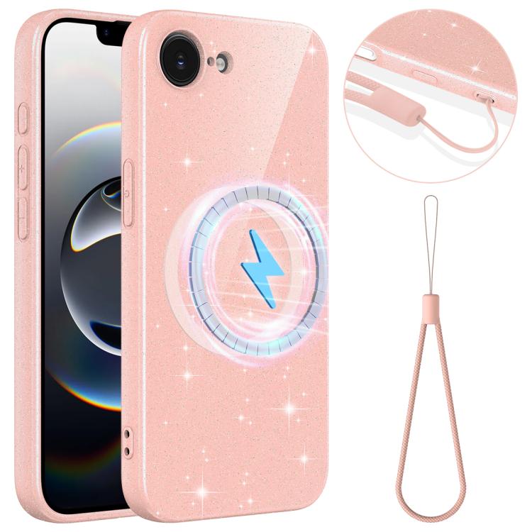 Fine Hole Glossy Glitter Magnetic TPU Phone Case with Same Color Hand Strap, For iPhone 17e / 16e, For iPhone 17 Pro Max, For iPhone 17 Pro, For iPhone 17, For iPhone Air, For iPhone 16 Pro Max, For iPhone 16 Pro, For iPhone 16 Plus, For iPhone 16