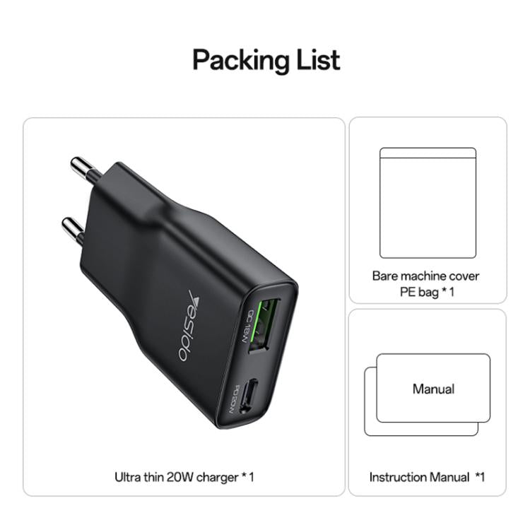 Yesido YC112 超薄20W雙埠PD QC快充器，YC112