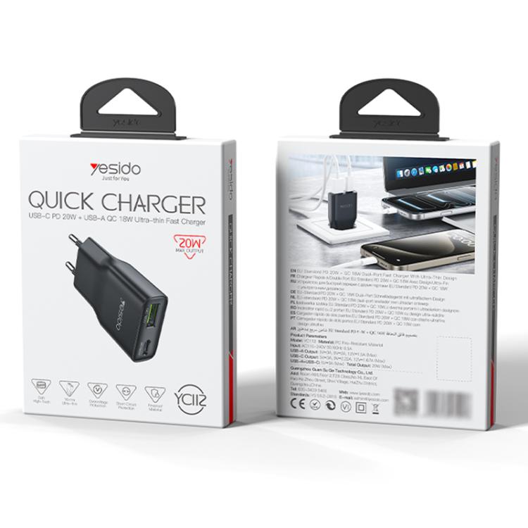 Yesido YC112 超薄20W雙埠PD QC快充器，YC112