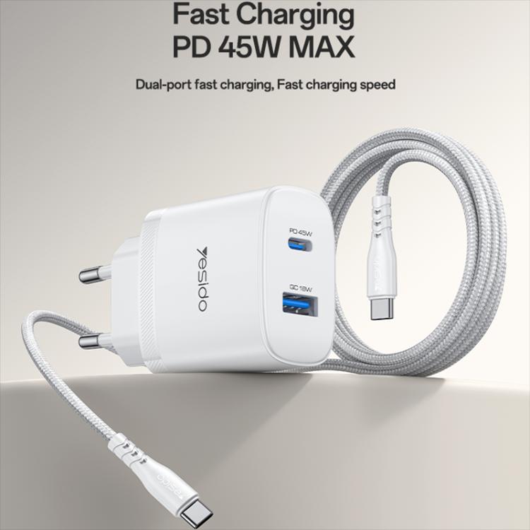 Yesido PD45W USB and Type-C Dual Interface Fast Charger Set, EU Plug, UK Plug, US Plug